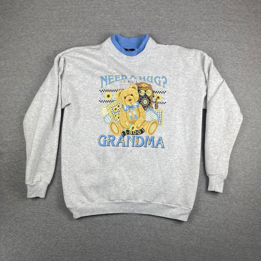 Vintage Hanes USA made Teddy Bear Sweatshirt Gray Blue Double Collar Large